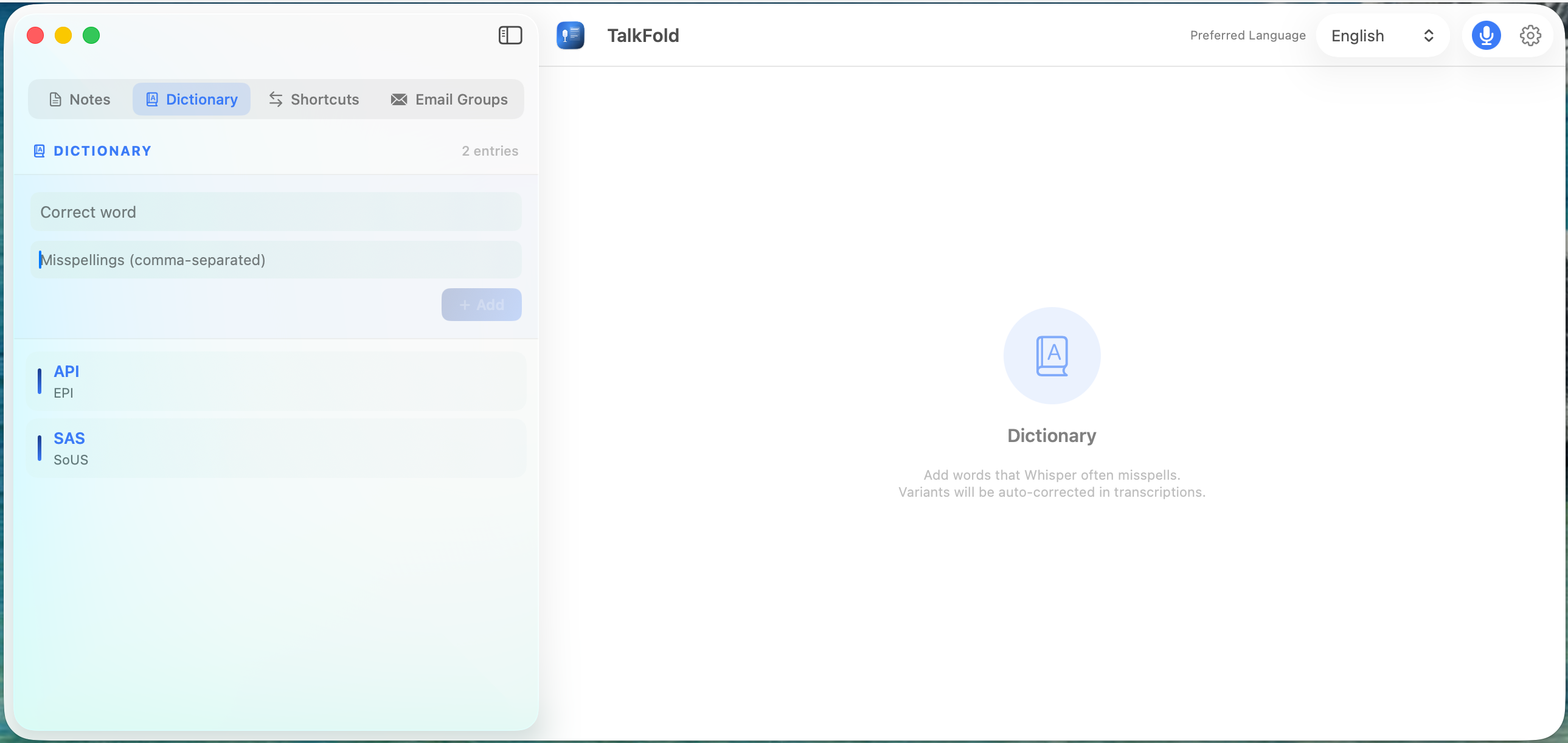 TalkFold dictionary — auto-correct misspelled words