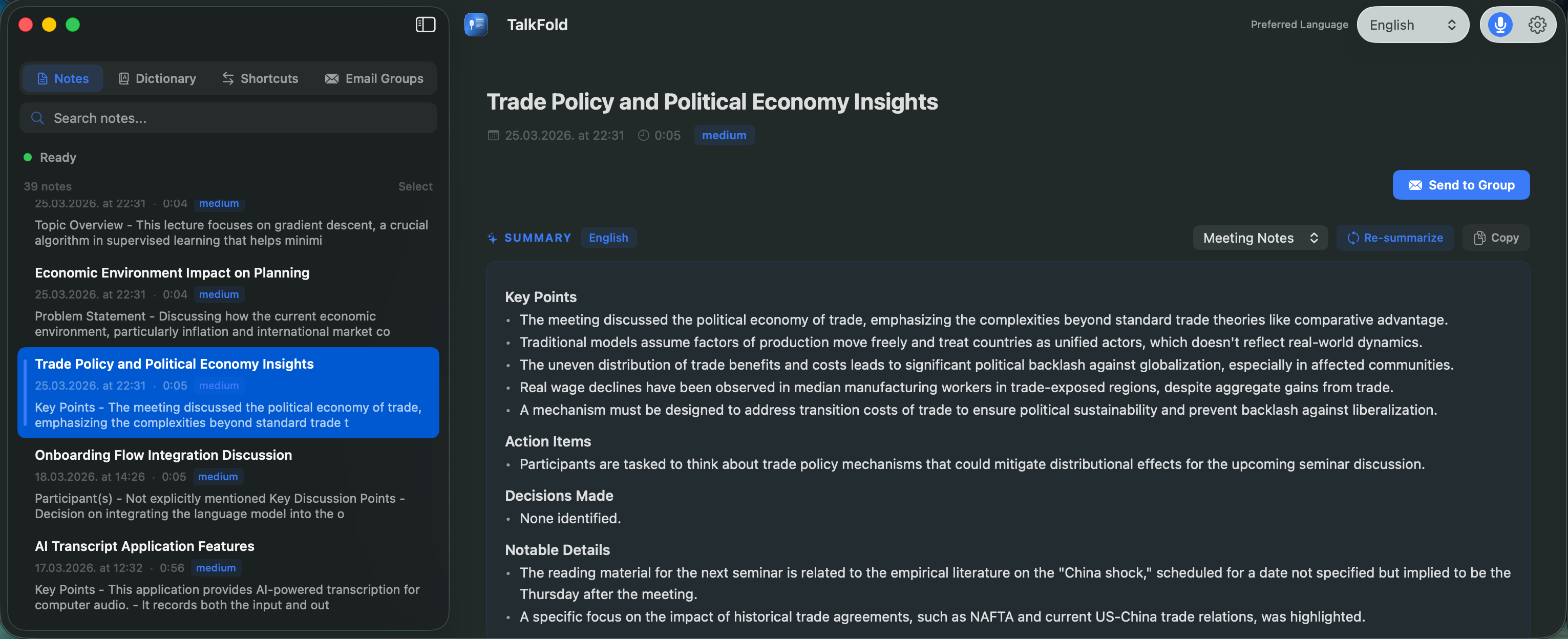 TalkFold main screen — transcript with AI summary