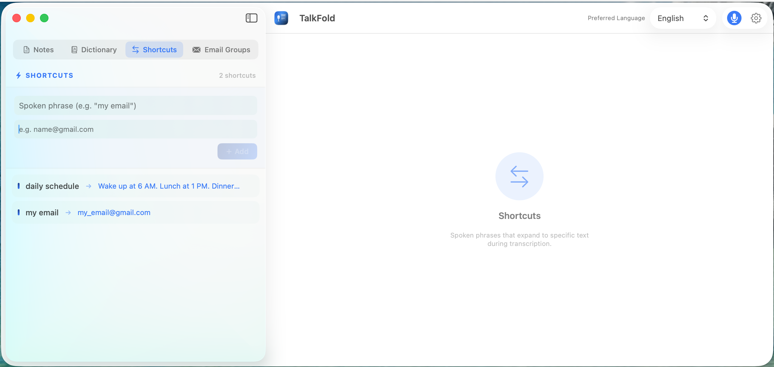 TalkFold shortcuts — spoken phrases expand to text
